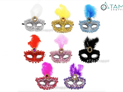 Mặt nạ nửa mặt lông vũ đính giữa ren sóng viên ngọc [Nửa mặt trên - nhiều màu] MATNA-122